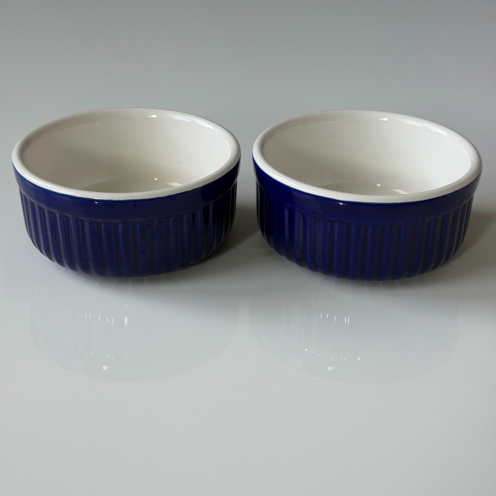 Roshco Cobalt Blue Ceramic Ramekins - Set of 2 Ribbed Baking Dishes